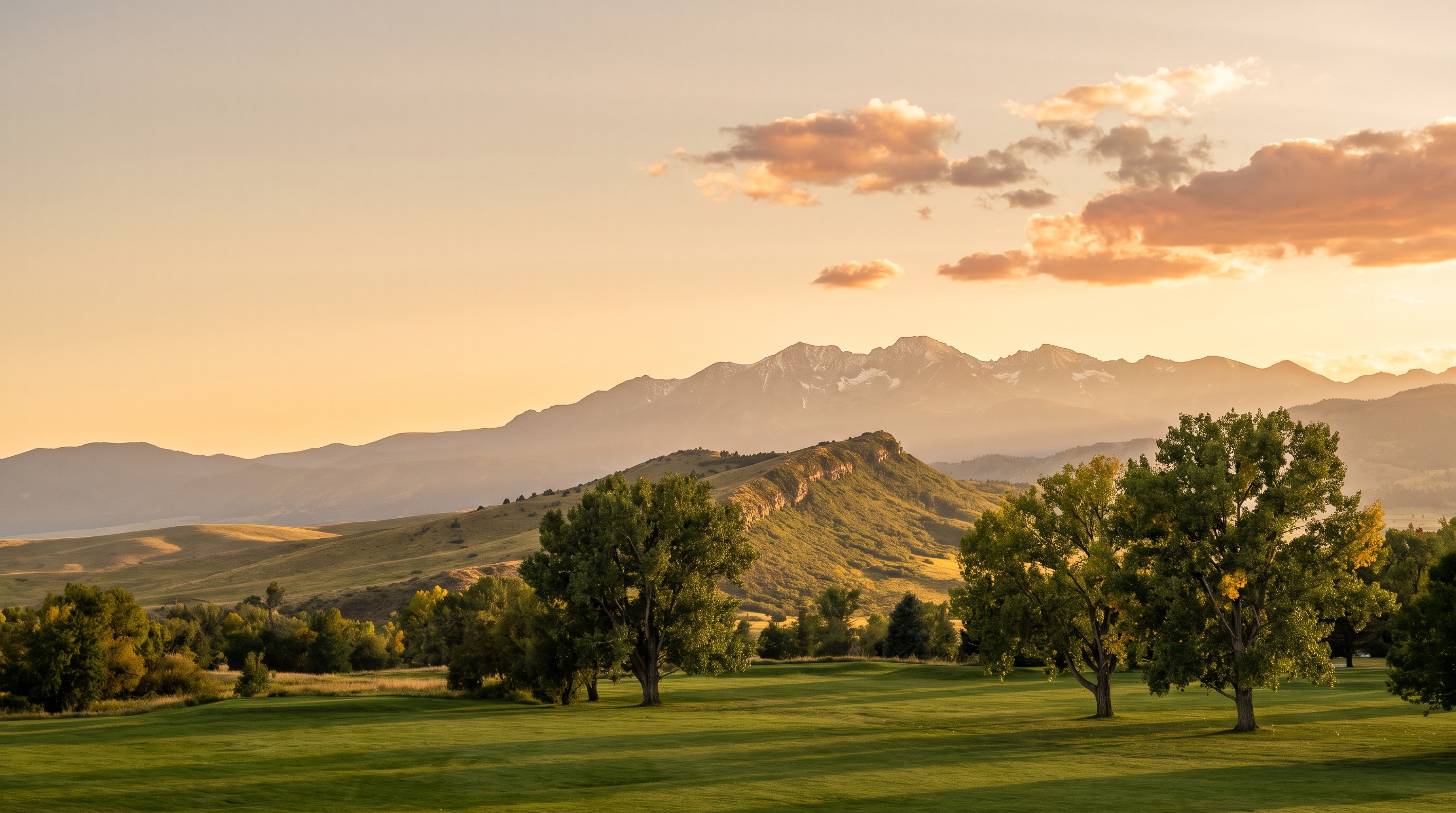 Front Range foothills and cottonwoods at sunset in Northern Colorado